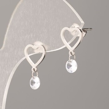 Xuping Ball Stud Earrings - Heart with White Stones, 11 mm Diameter, Rhodium