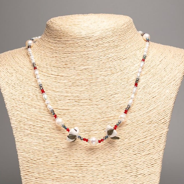 Necklace of natural river pearls, Czech crystal, and polymer clay, length 48 cm