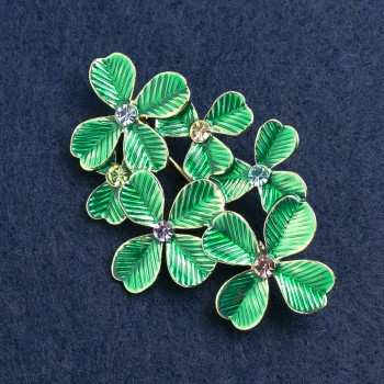 Brooch Leaves green enamel with crystals, gold-tone metal 57x40mm