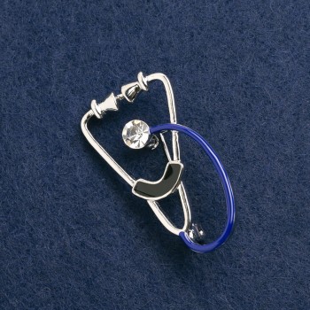 Brooch 'Stethoscope' enamel black and blue, with white stone, silver metal 43×24 mm
