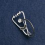 Stethoscope Brooch, Black Enamel with White Stone, Silver Metal 43x24 mm