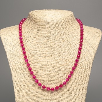 Raspberry Tourmaline Necklace with Smooth 6 mm Beads, 50 cm Long, Made of Synthetic-Dyed White Nephrite