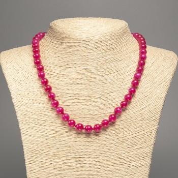 Raspberry 'Tourmaline' Smooth Bead Necklace, 8 mm diameter, 50 cm length, made from white nephrite (synthetically dyed)