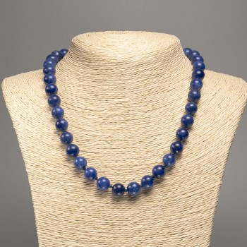 Blue Lazurite Necklace with Smooth Beads, 10 mm Diameter, 50 cm Length, Made of Synthetic Dyed White Nephrite
