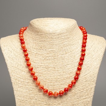 Necklace 'Red Coral' with smooth beads, 8 mm diameter, approx. 50 cm long, made of white nephrite (synthetic dyed)