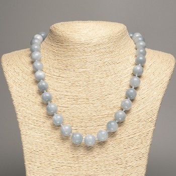Gray-Blue Aquamarine Necklace with smooth beads, 12 mm diameter, 50 cm length, made from white nephrite (synthetic dyed)