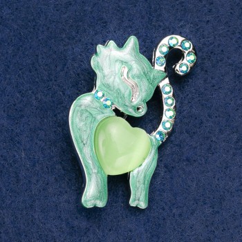 Kitty Brooch with Green Mother-of-Pearl, Green Rhinestones, Silver-Tone Metal 47×28 mm