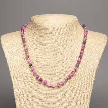 Necklace 'Colors of Summer' white-green-raspberry smooth beads, 6 mm in diameter, approximately 50 cm long, made of white nephrite (synthetically dyed)