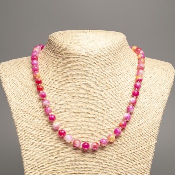 Necklace 'Colors of Summer' with white, pink, and copper smooth beads, 8 mm diameter, 50 cm long, made of white nephrite (synthetic-dyed)