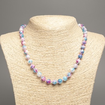 Necklace 'Colors of Summer' with white, raspberry, and blue smooth beads, 8 mm in diameter, 50 cm in length, made from white nephrite (synthetically dyed)