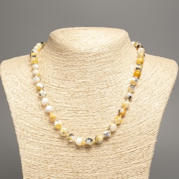 Necklace 'Colors of Summer' with white, gray, and yellow smooth beads, 8 mm diameter, 50 cm length, made of white nephrite (synthetic dyed)