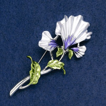 Iris Brooch with Purple and Green Enamel, Silver Metal 78x34mm