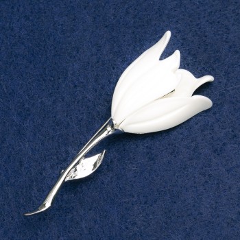 Flower Brooch, White Enamel, Silver Metal 27×72 mm