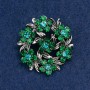 Brooch Flowers with Green Crystals, Dark Silver Metal 36x36 mm