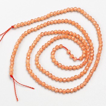 Small synthetic spinel beads, coral color, faceted round beads, 2 mm diameter, on a 37 cm strand