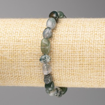 Bracelet of Moss Agate Stone, Faceted Bead, 8×10 mm diameter ±, on Elastic, Length 18 cm