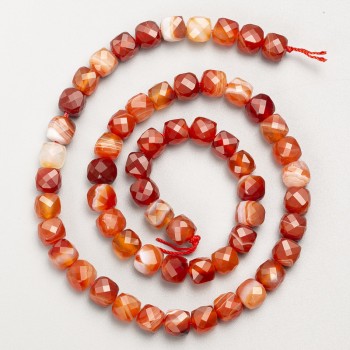 Carnelian beads, natural stone, faceted cube on thread, diameter 7 mm ±, length 39 cm ±