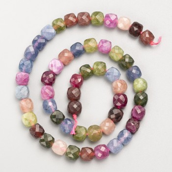 Tourmaline Beads Natural Stone Faceted Cubes on Thread, Diameter 7 mm +/-, Length 38 cm +