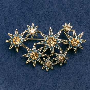 Brooch 'Stars' with Blue and Yellow Crystals, Gold Metal 55x35mm