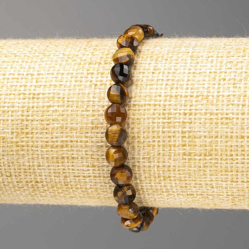 Tiger's Eye Bracelet, Natural Stone, Faceted Coin, Diameter 6.5×4.5 mm, Length 18 cm (Stretch)
