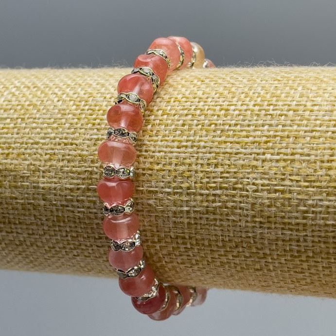 Chalcedony bracelet with natural stone, smooth rondels, diameter 8x5 mm, length 18 cm (stretch) with white rhinestones
