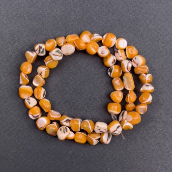 Dyed orange mother-of-pearl lentil beads, 8x6 mm, about 41 cm long on thread