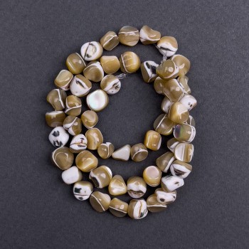 Beige-toned dyed mother-of-pearl beads, faceted, 8x6 mm, 41 cm long on thread