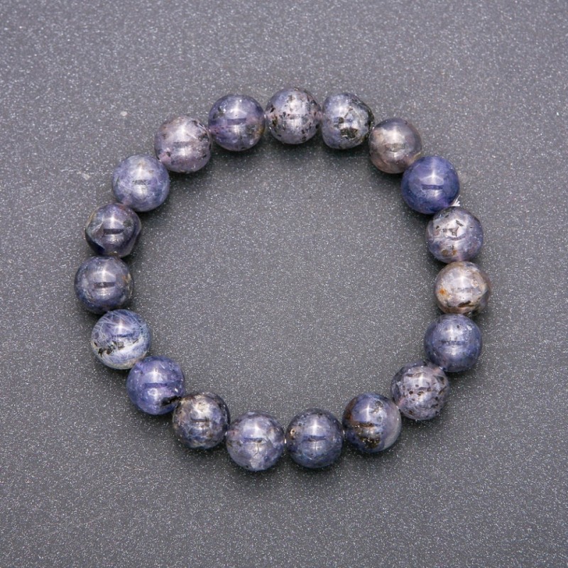Natural iolite bracelet on elastic cord, smooth beads, 10 mm diameter, 18 cm circumference