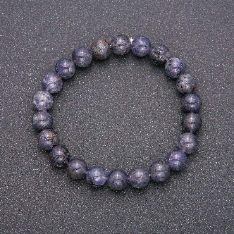 Elastic bracelet of natural iolite with a smooth bead, diameter 8(±)mm, circumference 18 cm
