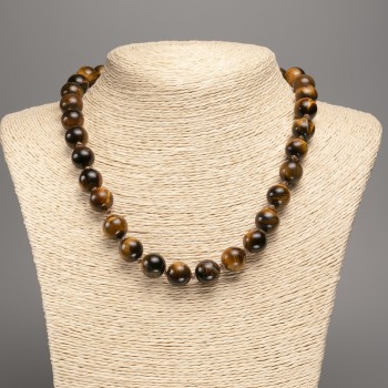 Tiger's Eye natural stone necklace with smooth beads, 12 mm diameter, 48 cm length +