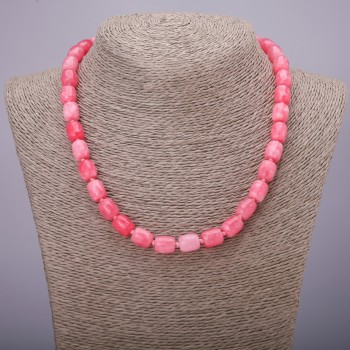 Necklace made of synthetic rhodonite, barrel-shaped beads, 9×11 mm, length 45 cm