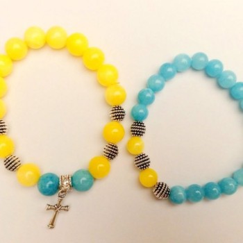 Bracelet "Ukraine" paired set for two, Aquamarine and Citrine (synthetic acrylic) smooth beads with silver-tone inserts on elastic, length 18 cm+