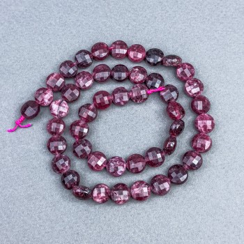 Tourmaline Rubellite Beads, Natural Stone, Faceted Coin Beads, Diameter 8x5 mm, on Thread, Length 37 cm
