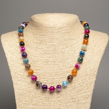 Multicolored agate natural stone necklace with smooth beads, 10 mm diameter, 50 cm length +