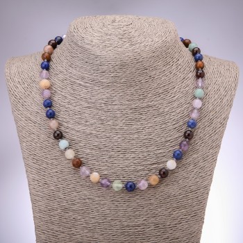 Assorted natural stone necklace with smooth beads, 8 mm diameter, 48 cm length