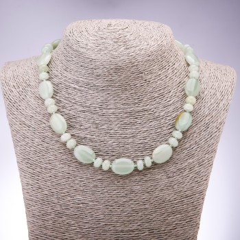 Natural Jade Necklace with Flat Oval Beads, 13x18 mm, Rondelles 9x6 mm, Length 45 cm