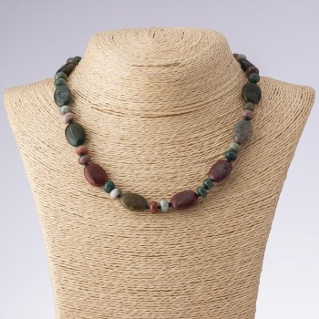 Necklace of natural multicolored jasper stone, oval and disc-shaped, length 45 cm, beads 13×18 mm and 8 mm