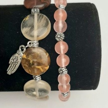 Set of Chalcedony Bracelets, 6.5 mm smooth beads, 15 mm circle diameter, with silver inserts on elastic, length 18 cm+