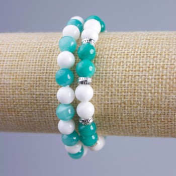 Couple Bracelet with Jadeite, Amazonite, and White Agate (Synthetic Acrylic), 8 mm Smooth Beads on Elastic Cord, Length 18 cm