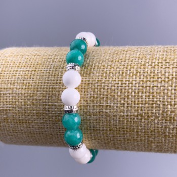Bracelet Amazonite, White Agate (Synthetic Acrylic), diameter about 8.5 mm, smooth beads with silver-tone inserts on elastic cord, length about 18 cm
