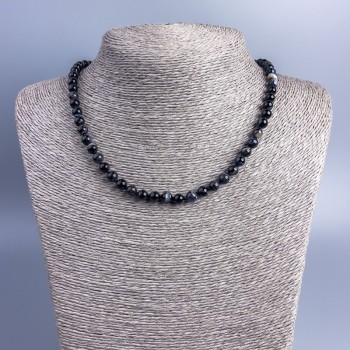Black Agate Natural Stone Necklace, Smooth Beads, 6mm Diameter, 48 cm Length +