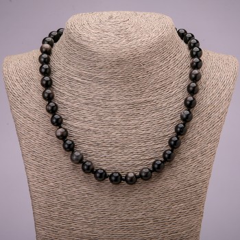 Bead Necklace of Natural Stone, Silver Obsidian, Smooth Beads, Diameter 10 mm (+/-), Length 45 cm