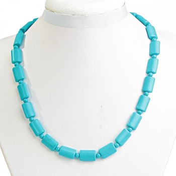 Blue Turquoise Necklace with Rectangular 10×15 mm Stones and Beads Between Them, 49 cm Long