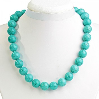 Green Turquoise Necklace with Veining, 14 mm Beads, 47 cm Length