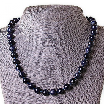 Aventurine Necklace (Synthetic) Blue Sand Cairo Night, Smooth Round Beads 10mm, Length approximately 45 cm