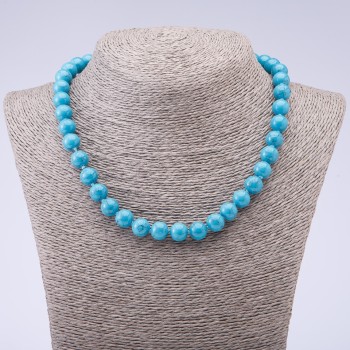 Turquoise Stone Necklace (Pressed) Blue with Veins, Glossy Bead, 10mm Diameter, 45cm Length
