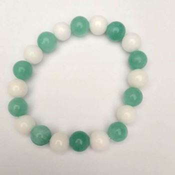 Bracelet with White Agate and Aquamarine (Imitation), Smooth Beads, 10 mm Diameter, 18 cm Length (Stretch)