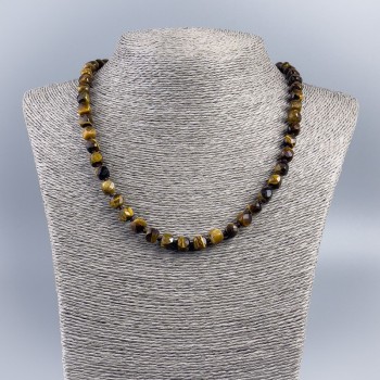 Natural Stone Tiger's Eye Necklace — Faceted Cube Beads, 7 mm Diameter, 48 cm Length