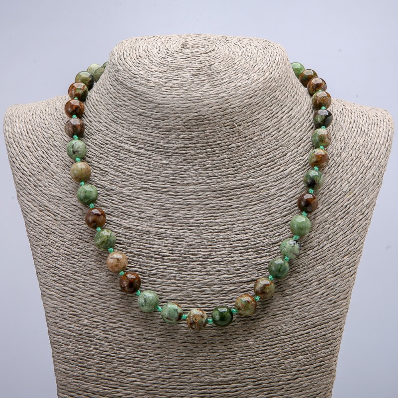 Natural Stone Necklace in Green Jasper, Smooth Beads, 10 mm Diameter, 46 cm Length