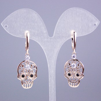 Xuping Earrings 18K Gold Plating with White and Black Stones, Skull Shape, Length 45mm+
